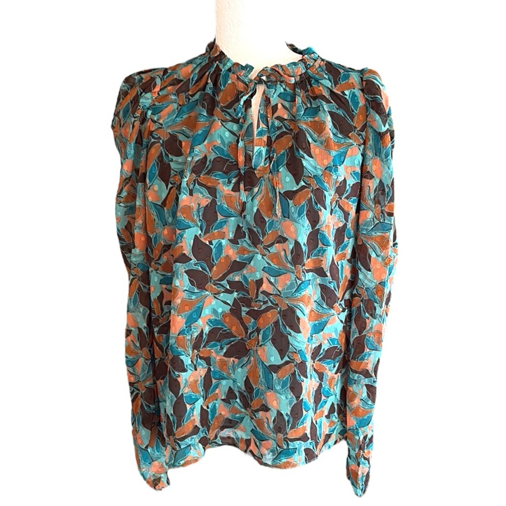 JOIE Green Brown Orange Swiss Dot Tie Ruffle Neck Puff Sleeve Blouse - M